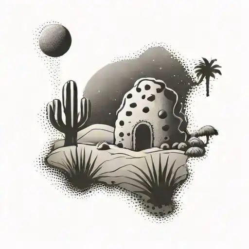 A dotwork tattoo of a cookie mirage in the desert tattoo design idea