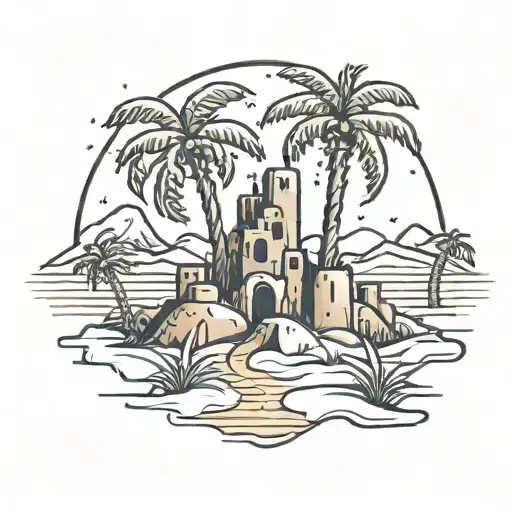 A desert scene with a cookie sandcastle and cookie palm trees tattoo design idea