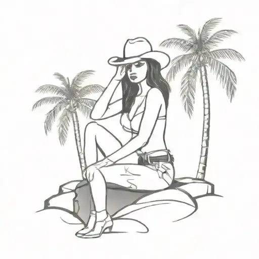 sexy semi nude petite cowgirl sitting on a rock on a beach with palm trees  tattoo design idea