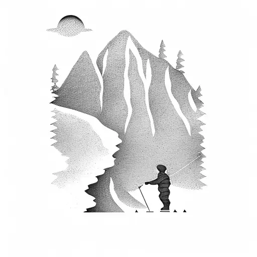 A minimalist design of a silhouette of a hiker on a mountain peak, with a musical staff wrapping around the scene tattoo design idea