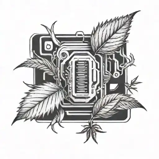 A black-grey tattoo of a computer chip morphing into a cannabis leaf tattoo design idea