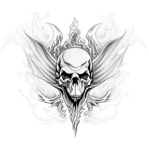 dragon with skull head and flames tattoo design idea