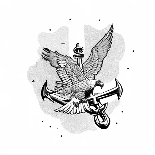 An eagle in flight with a navy anchor incorporated into its wings, surrounded by a blackwork mountain range tattoo design idea