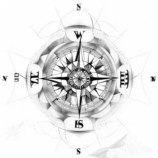 A compass rose with a mountain landscape inside, surrounded by EMT symbols tattoo design idea