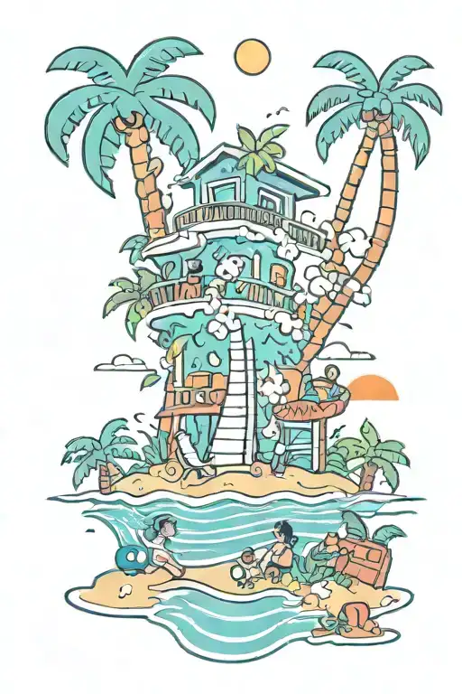 A playful and colorful tattoo design featuring a beach scene with your kids building sandcastles, surrounded by tropical flowers and palm trees tattoo design idea