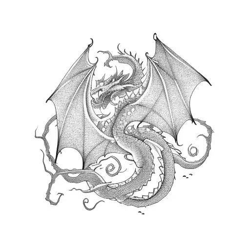 A powerful dragon coiled around a blooming cherry blossom tree tattoo design idea