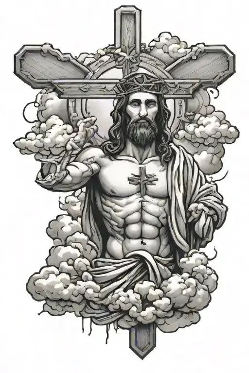 jesus cross, clouds surrounding, motivation quote tattoo design idea