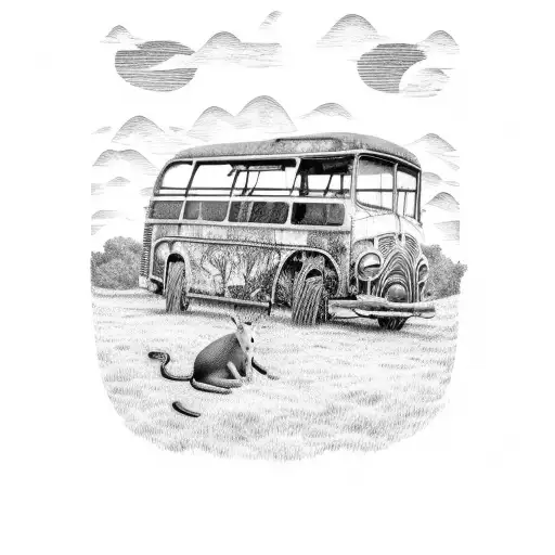 Nature view with a river and goatie drinking from it. Abandoned bus near the river. Two girls sunbathe on the river bank tattoo design idea