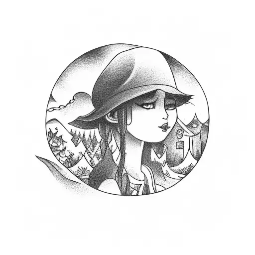 An enchanting tattoo depicting a girl sitting on a bus roof, surrounded by a vibrant nature scene with a river winding through it, while goats roam freely tattoo design idea