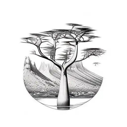 Help me create a tattoo based on a few image ideas mixed into one, a baobab tree, a river and mountain, the sea tattoo design idea