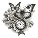 clock butterfly clouds tattoo design idea