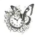 clock butterfly clouds tattoo design idea