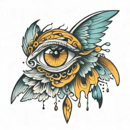 wing with eyes and tear drops falling tattoo design idea