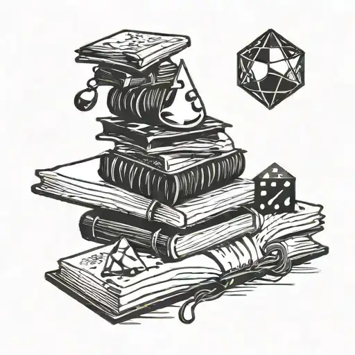A minimalist design of a water droplet, a stack of books, and board game dice arranged in a symmetrical pattern tattoo design idea