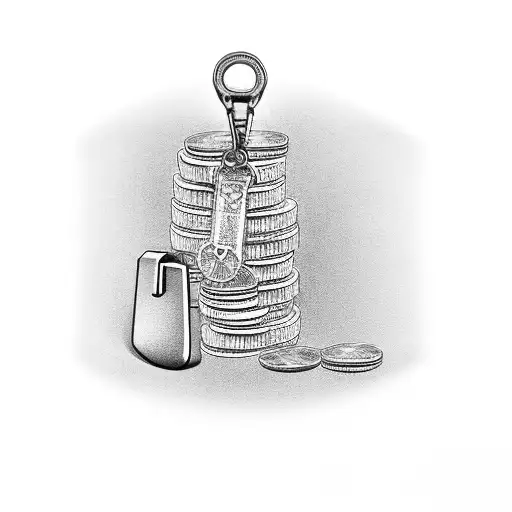 A stack of money with car keys and a gun resting on top tattoo design idea