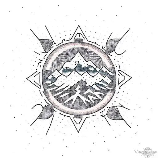 A dotwork design of a sun setting behind a silhouette of a hiker on a mountain peak tattoo design idea