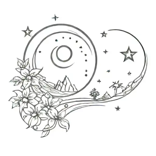 A sketch-style tattoo of a mystical scene featuring the moon and stars with a hidden scorpion element tattoo design idea