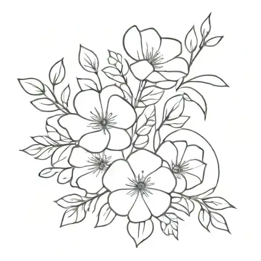 A minimalist tattoo design of a bouquet featuring February, August, October, and December flowers, symbolizing the bond between a mother and her family members tattoo design idea