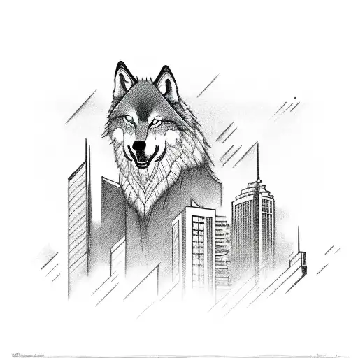 A socialist-inspired wolf surrounded by buildings representing different ideologies tattoo design idea