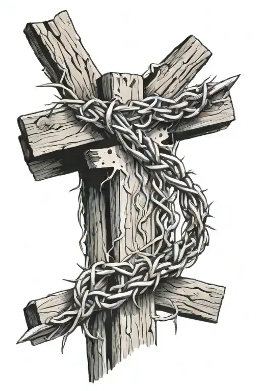 crown of thorns on neck of wooden cross tattoo design idea