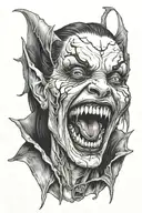 female vampire, fangs wrapped, ecstasy  tattoo design idea
