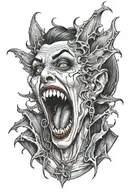 female vampire, fangs wrapped, ecstasy  tattoo design idea