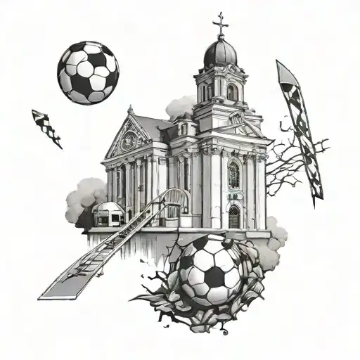 St Boltophs church surrounded by football-themed elements like goal posts and footballs tattoo design idea