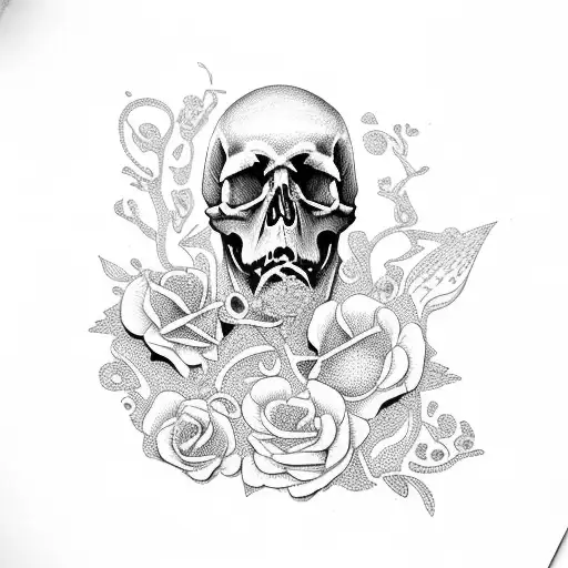 Skull, book, flowers, and crystals  tattoo design idea