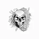Skull, book, flowers, and crystals  tattoo design idea