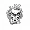 Skull, book, flowers, and crystals  tattoo design idea