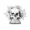 Skull, book, flowers, and crystals  tattoo design idea