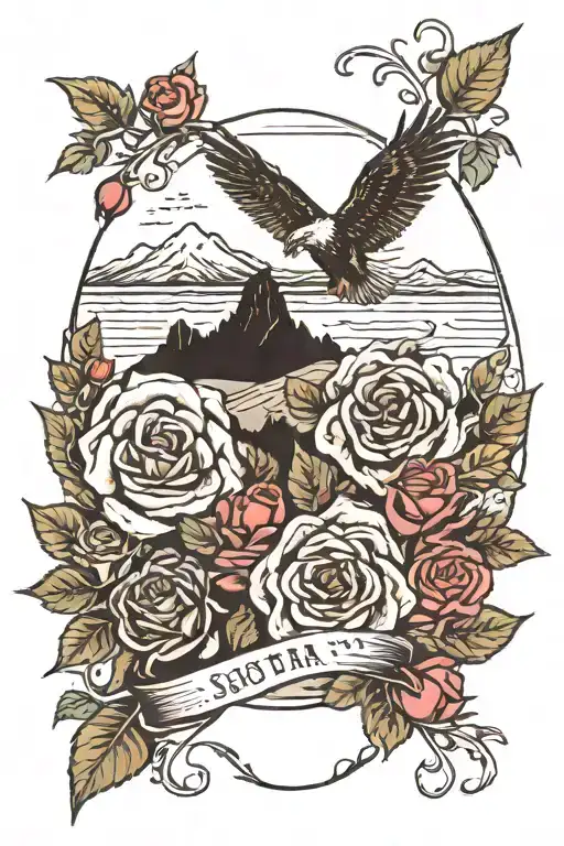 ocean, mountain, and desert landscapes with roses, Scottish, and German imagery intertwined tattoo design idea