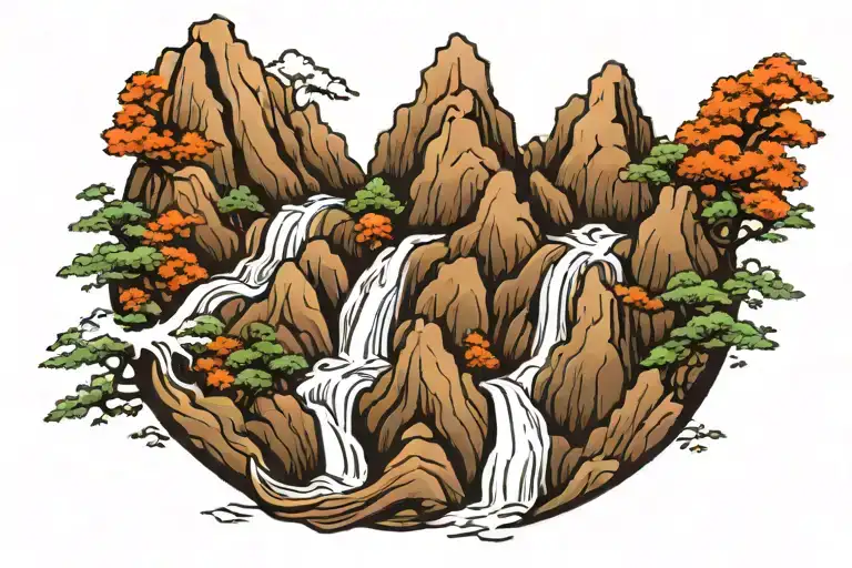 mountain range with waterfall flowing tattoo design idea