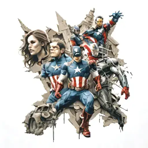 all the avengers posing in a destroyed city tattoo design idea