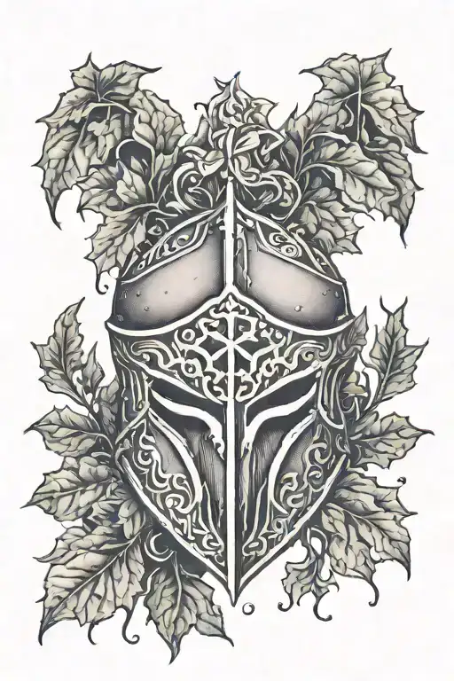 ivy on a damaged spartan helmet and shield tattoo design idea