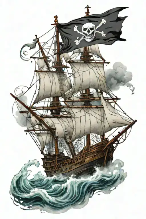 pirate ship with ripped mauritian flag  sailing through stormy seas  tattoo design idea