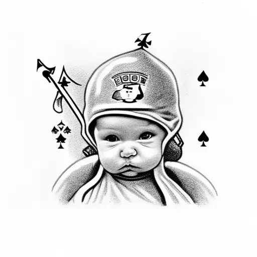 baby angel baby with balaclava holding bazooka but the bullet of bazooka is the card ace o spades tattoo design idea