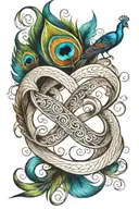 infinity symbol, peacock feather, S letter and love symbol tattoo design idea
