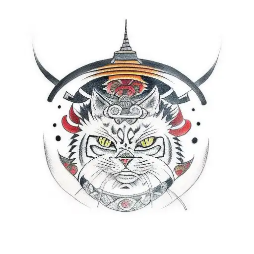 A traditional tattoo of a samurai cat engaged in a fierce battle tattoo design idea