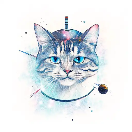 A space-themed tattoo featuring a samurai cat exploring the galaxy tattoo design idea