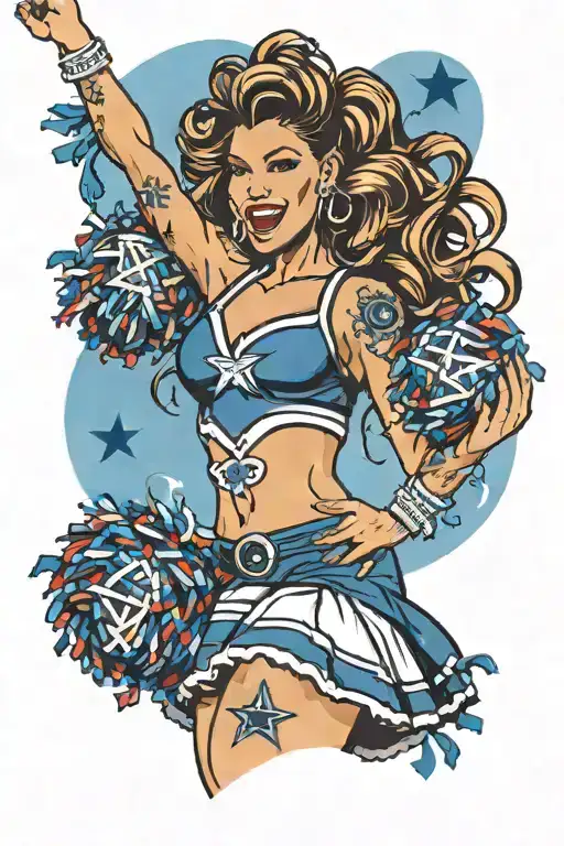 a curvy Dallas cowboys cheerleader cheering with Pom poms and light blue water color background  tattoo design idea