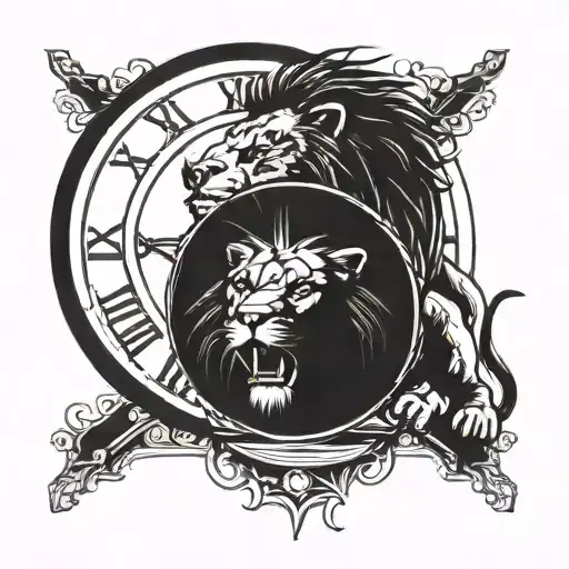 a tire moving forward with roman numeral clock and big lion face in the background. tattoo design idea