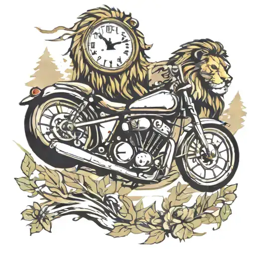 A motorcycle speeding through a forest with a clock  and lion in the background, representing the passing of time tattoo design idea