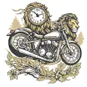 A motorcycle speeding through a forest with a clock  and lion in the background, representing the passing of time tattoo design idea