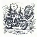 A motorcycle speeding through a forest with a clock  and lion in the background, representing the passing of time tattoo design idea