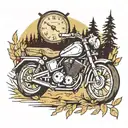 A motorcycle speeding through a forest with a clock  and lion in the background, representing the passing of time tattoo design idea