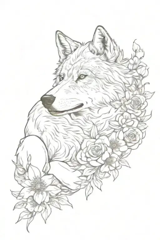 Wolf lying down on back surrounded by flowers. tattoo design idea