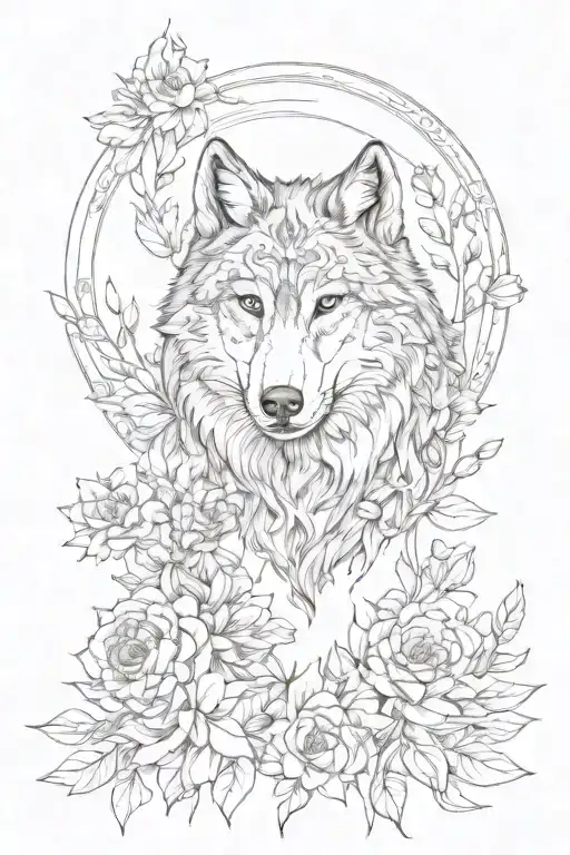 Wolf surrounded by flowers native to Belgium and 7 fairies.  tattoo design idea