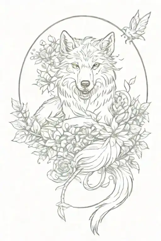 Wolf lying surrounded by flowers and 7 fairies flying tattoo design idea