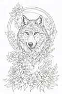 Wolf surrounded by flowers native to Belgium and 7 fairies.  tattoo design idea